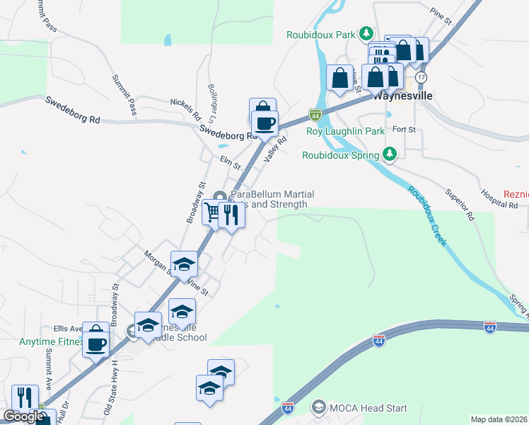 map of restaurants, bars, coffee shops, grocery stores, and more near 208 Dyer Drive in Waynesville