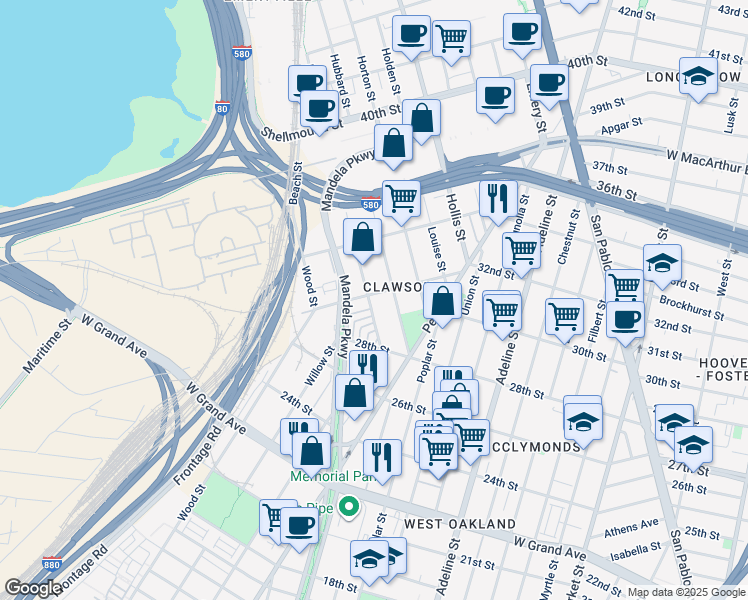 map of restaurants, bars, coffee shops, grocery stores, and more near 27 Moss Lane in Oakland
