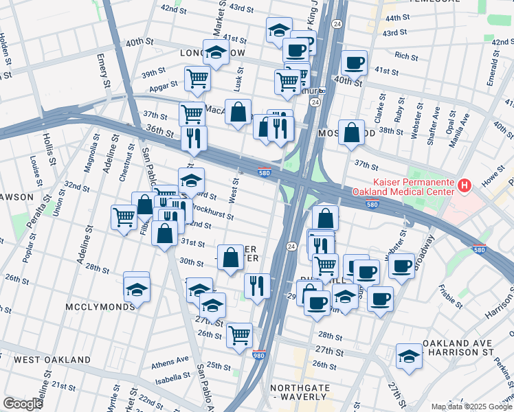 map of restaurants, bars, coffee shops, grocery stores, and more near 682 33rd Street in Oakland