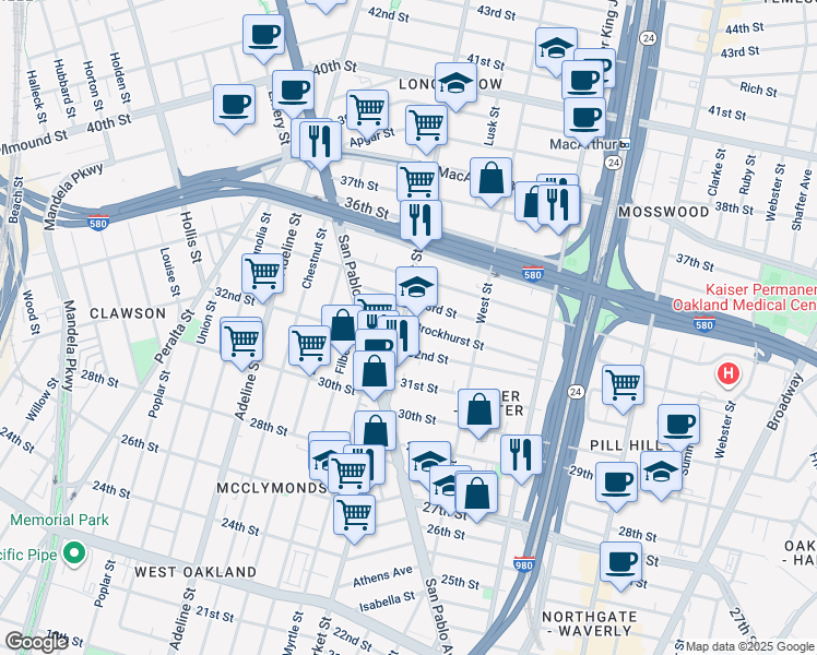 map of restaurants, bars, coffee shops, grocery stores, and more near 3236 Market Street in Oakland