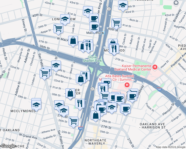 map of restaurants, bars, coffee shops, grocery stores, and more near in Oakland