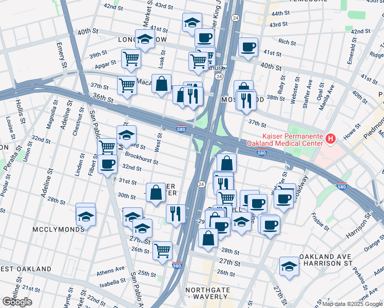 map of restaurants, bars, coffee shops, grocery stores, and more near in Oakland