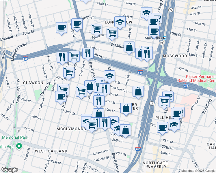 map of restaurants, bars, coffee shops, grocery stores, and more near in Oakland