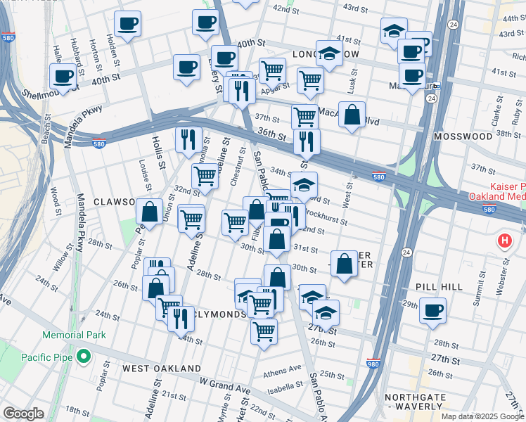map of restaurants, bars, coffee shops, grocery stores, and more near 3131 Filbert Street in Oakland