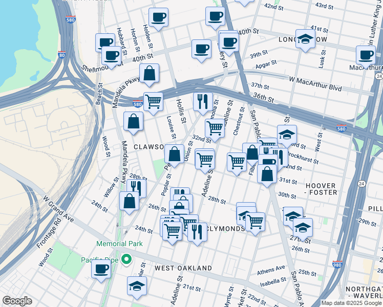 map of restaurants, bars, coffee shops, grocery stores, and more near 1212 30th Street in Oakland