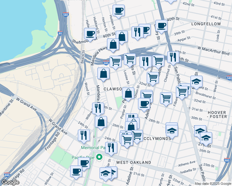 map of restaurants, bars, coffee shops, grocery stores, and more near 2825 Helen Street in Oakland