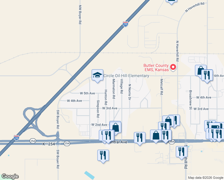 map of restaurants, bars, coffee shops, grocery stores, and more near 525 Marmaton Rd in El Dorado