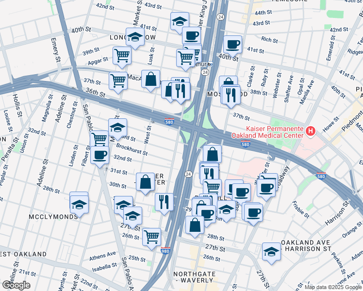 map of restaurants, bars, coffee shops, grocery stores, and more near 635 34th Street in Oakland