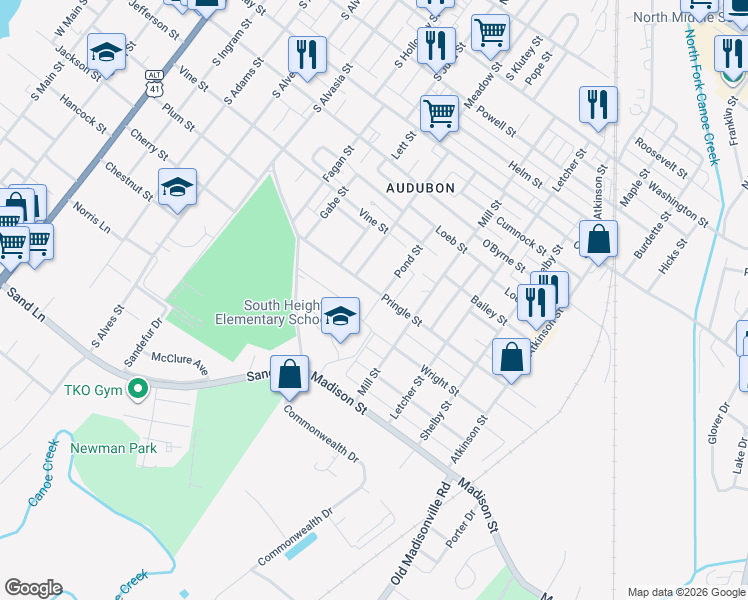 map of restaurants, bars, coffee shops, grocery stores, and more near 1208 Pringle Street in Henderson