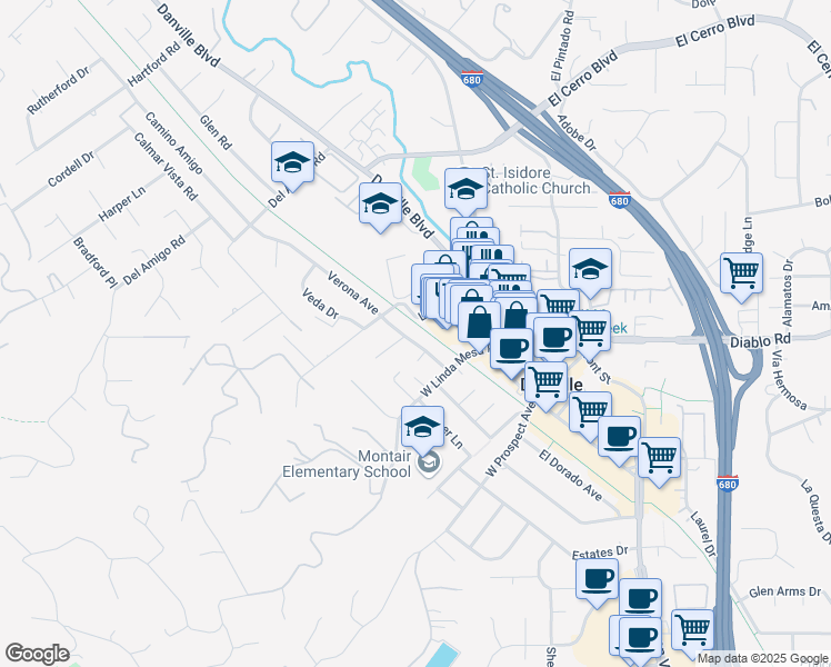 map of restaurants, bars, coffee shops, grocery stores, and more near 358 Verona Avenue in Danville