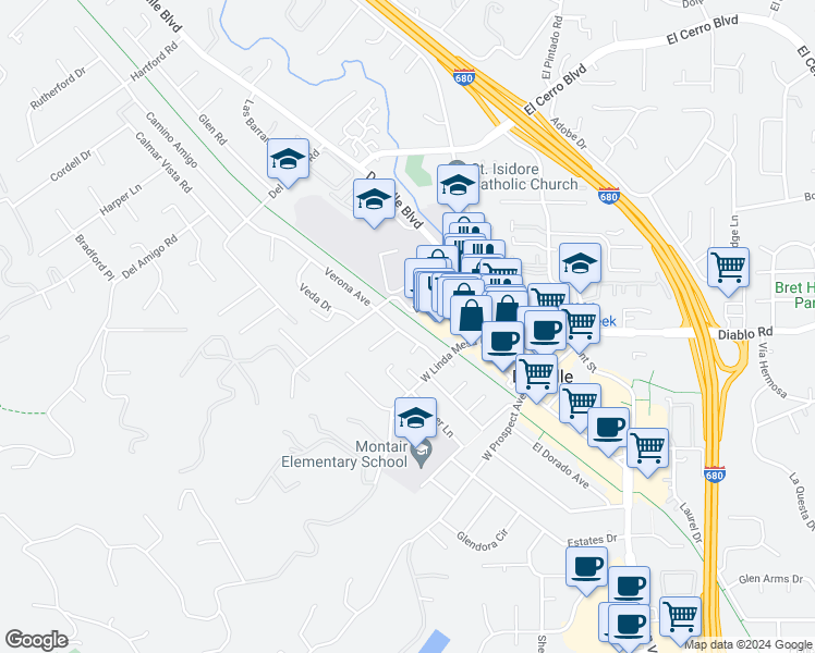 map of restaurants, bars, coffee shops, grocery stores, and more near 358 Verona Avenue in Danville