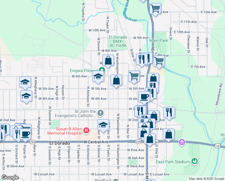 map of restaurants, bars, coffee shops, grocery stores, and more near 504 North Taylor Street in El Dorado