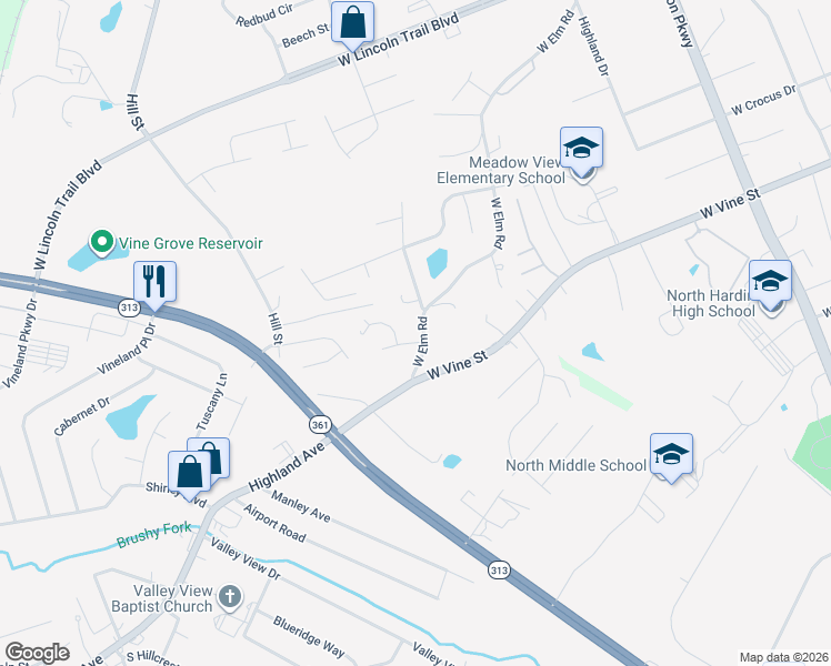 map of restaurants, bars, coffee shops, grocery stores, and more near 1691 Elm Road in Radcliff