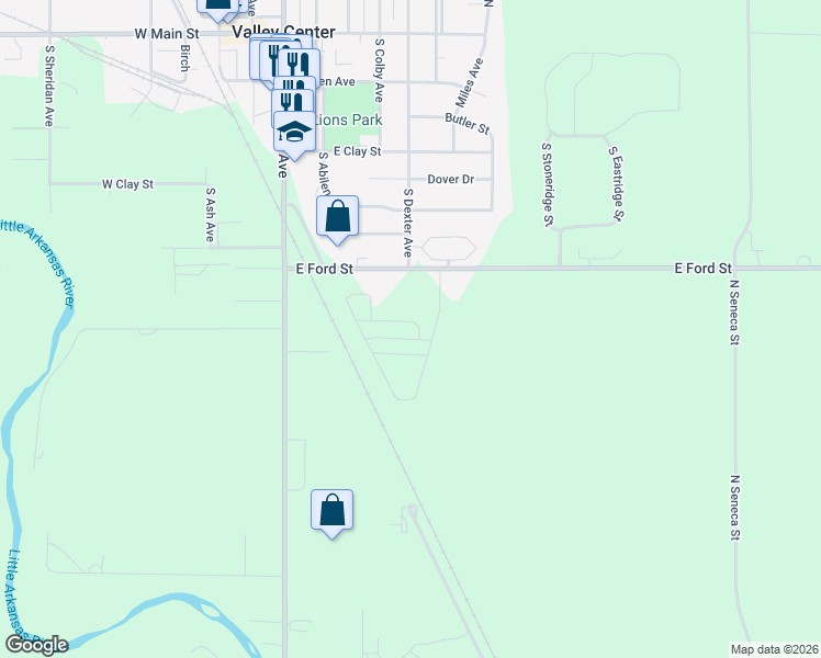map of restaurants, bars, coffee shops, grocery stores, and more near 401 East Ford Street in Valley Center