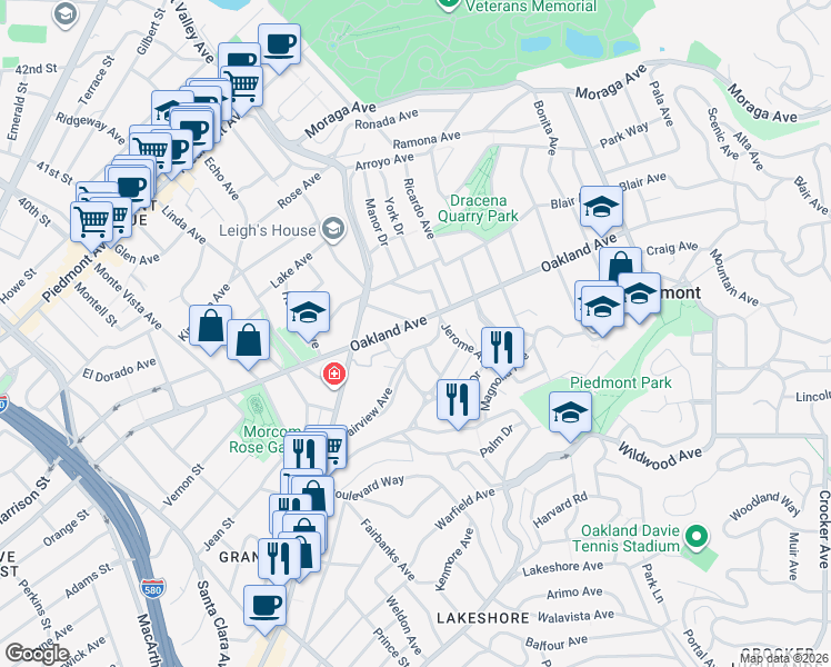 map of restaurants, bars, coffee shops, grocery stores, and more near 1150 Oakland Avenue in Piedmont