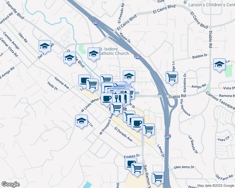 map of restaurants, bars, coffee shops, grocery stores, and more near 154-160 East Prospect Avenue in Danville