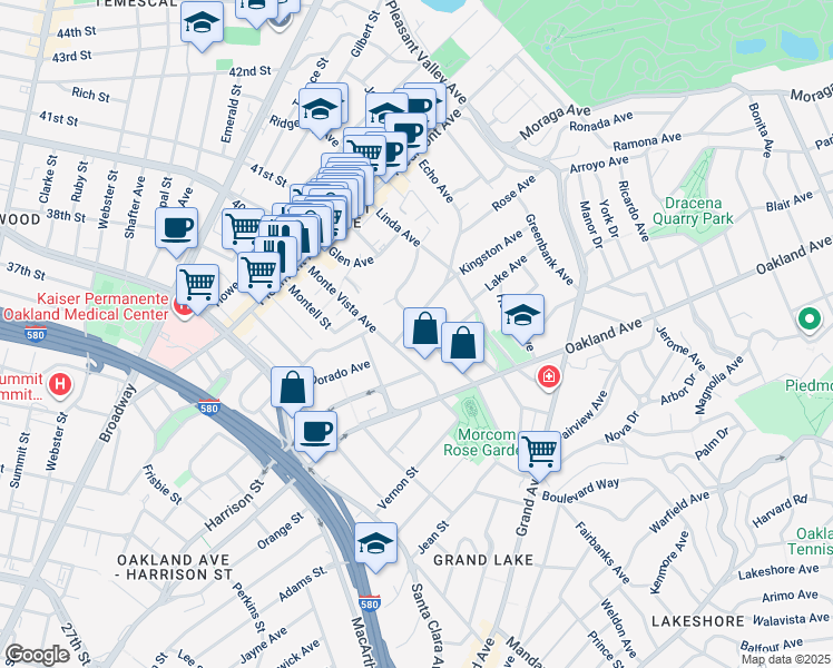 map of restaurants, bars, coffee shops, grocery stores, and more near 323 Monte Vista Avenue in Oakland