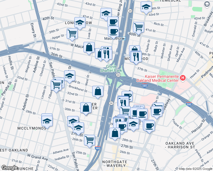 map of restaurants, bars, coffee shops, grocery stores, and more near in Oakland