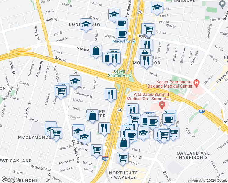 map of restaurants, bars, coffee shops, grocery stores, and more near in Oakland