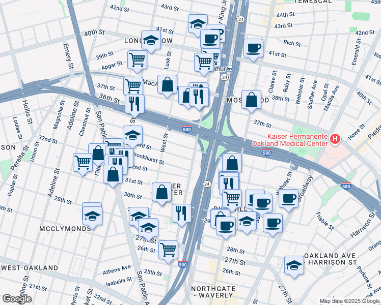 map of restaurants, bars, coffee shops, grocery stores, and more near 669 33rd Street in Oakland