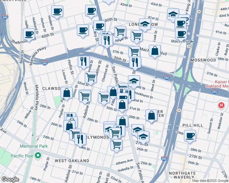 map of restaurants, bars, coffee shops, grocery stores, and more near 3131 Filbert Street in Oakland