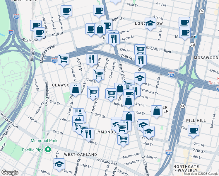 map of restaurants, bars, coffee shops, grocery stores, and more near in Oakland