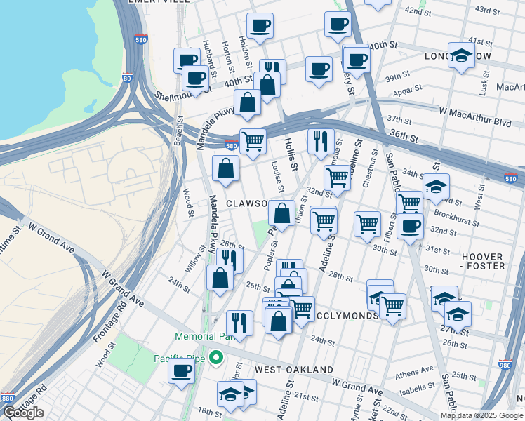 map of restaurants, bars, coffee shops, grocery stores, and more near 2825 Helen Street in Oakland