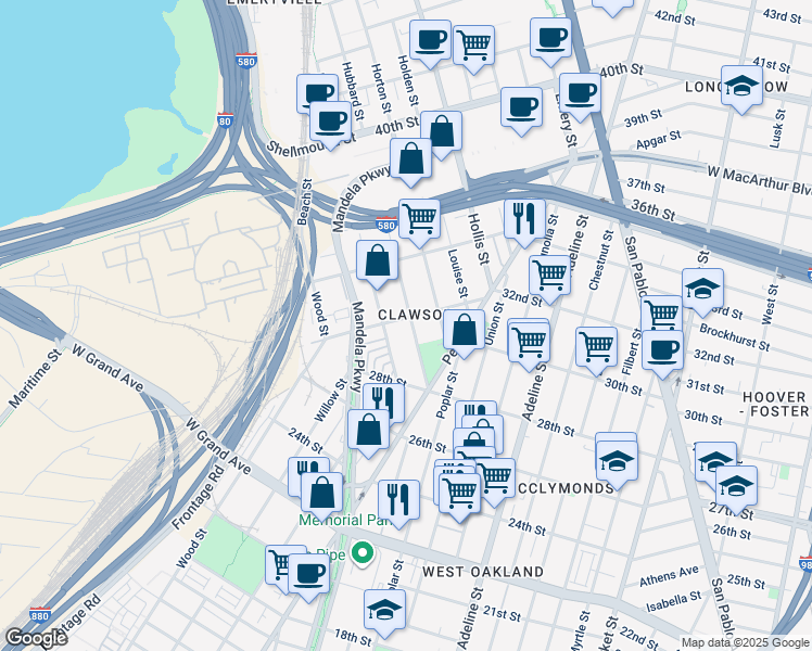 map of restaurants, bars, coffee shops, grocery stores, and more near 27 Moss Lane in Oakland