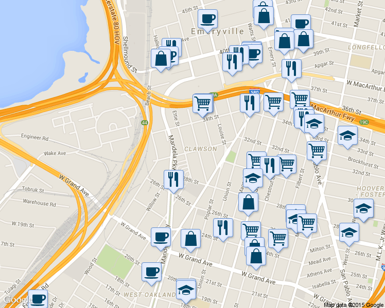 map of restaurants, bars, coffee shops, grocery stores, and more near 27 Moss Lane in Oakland