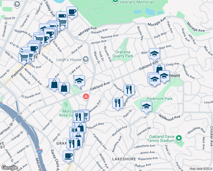 map of restaurants, bars, coffee shops, grocery stores, and more near 1150 Oakland Avenue in Piedmont