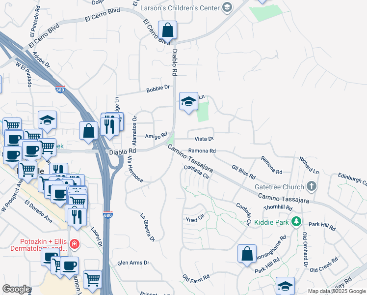 map of restaurants, bars, coffee shops, grocery stores, and more near 5 Ramona Road in Danville