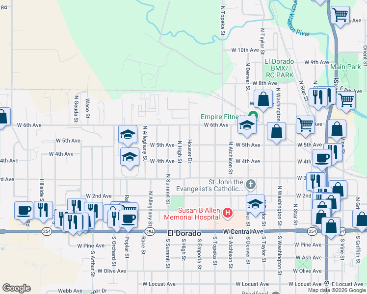 map of restaurants, bars, coffee shops, grocery stores, and more near 504 North High Street in El Dorado