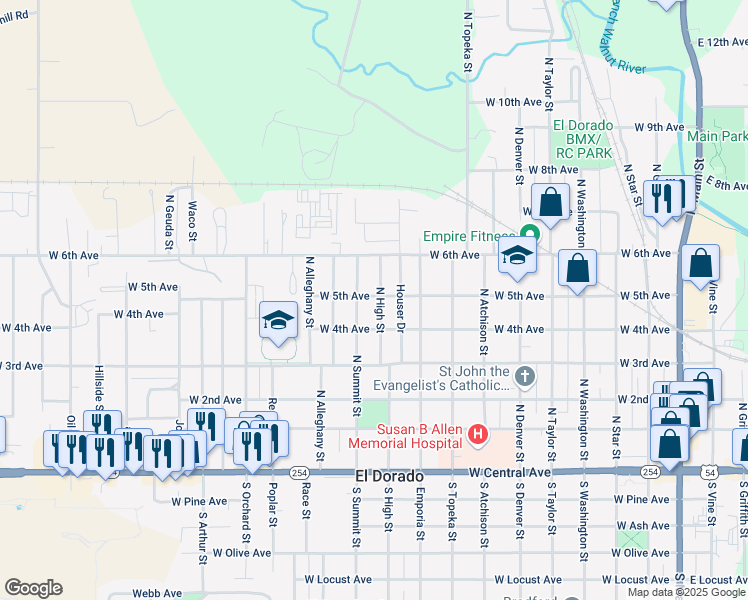 map of restaurants, bars, coffee shops, grocery stores, and more near 504 North High Street in El Dorado
