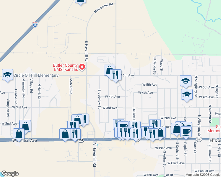 map of restaurants, bars, coffee shops, grocery stores, and more near 501 Hillcrest Street in El Dorado