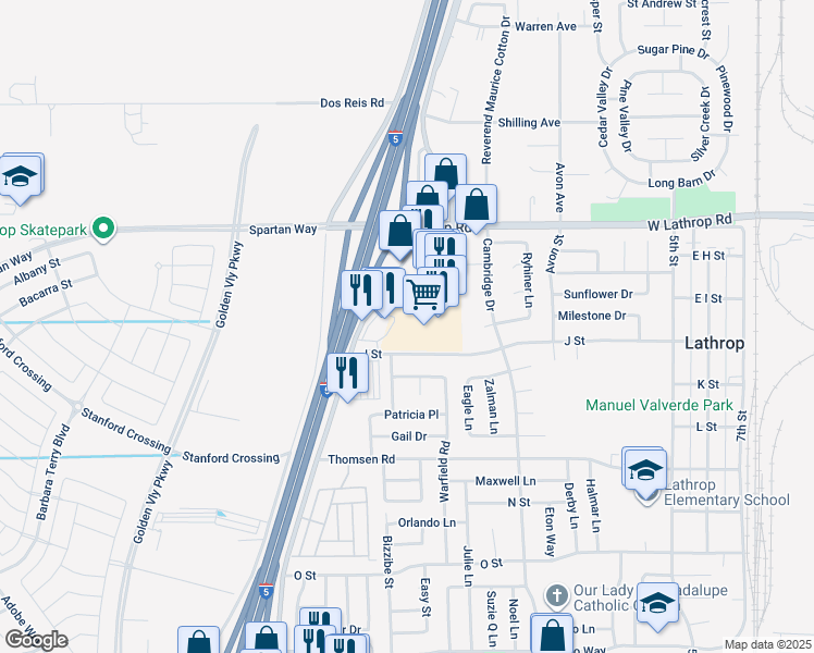 map of restaurants, bars, coffee shops, grocery stores, and more near 185 J Street in Lathrop