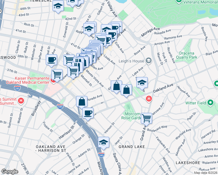 map of restaurants, bars, coffee shops, grocery stores, and more near 753 Kingston Avenue in Piedmont