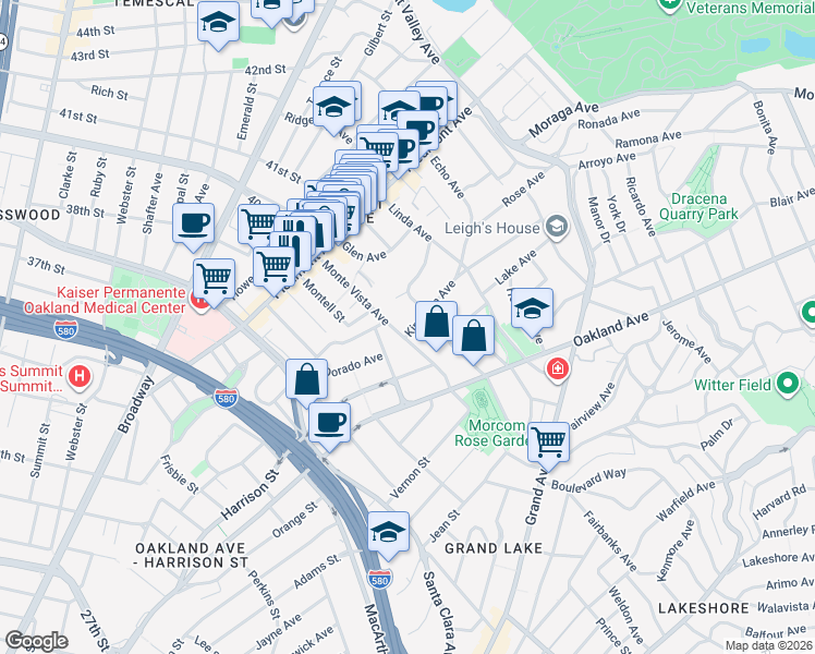 map of restaurants, bars, coffee shops, grocery stores, and more near 753 Kingston Avenue in Piedmont