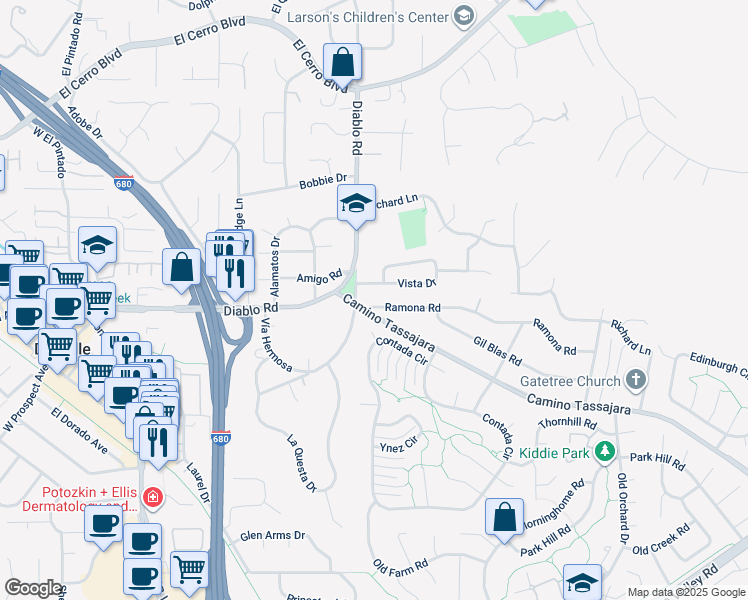 map of restaurants, bars, coffee shops, grocery stores, and more near 5 Ramona Road in Danville