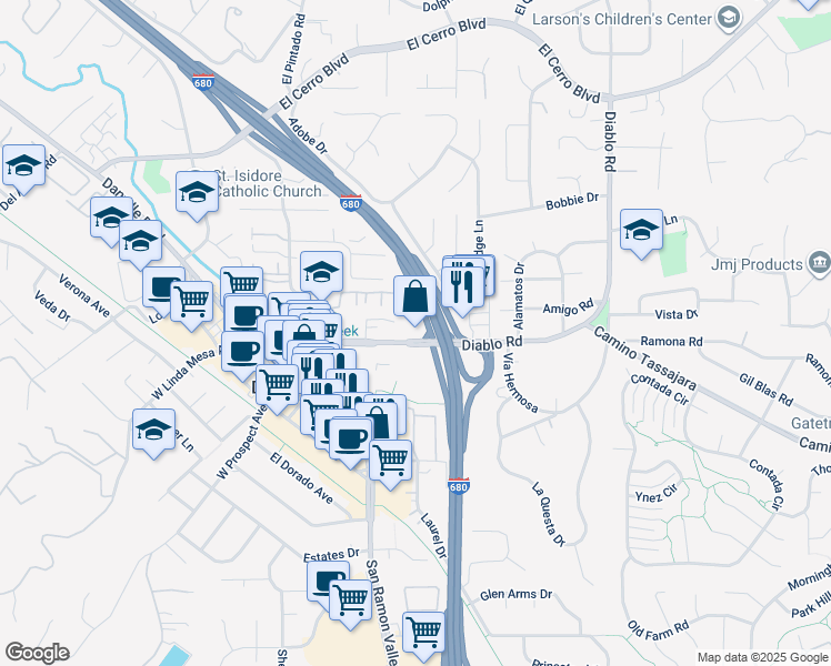 map of restaurants, bars, coffee shops, grocery stores, and more near 387 Diablo Road in Danville