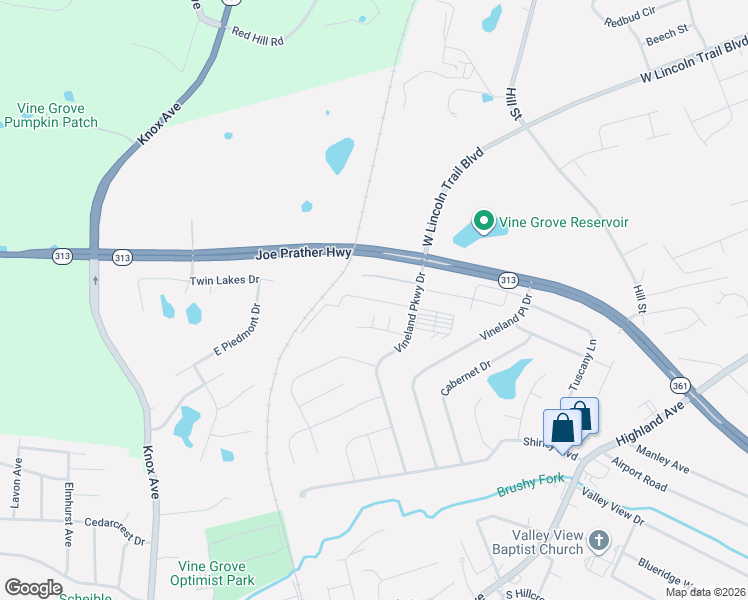 map of restaurants, bars, coffee shops, grocery stores, and more near Sparkling Court in Vine Grove