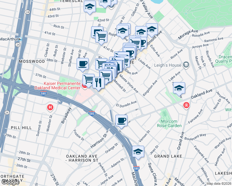 map of restaurants, bars, coffee shops, grocery stores, and more near 17 Rio Vista Avenue in Oakland