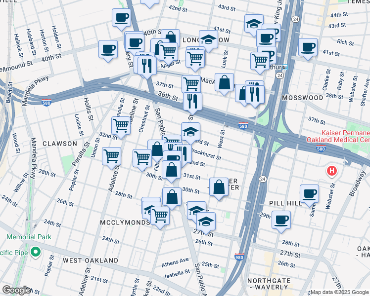 map of restaurants, bars, coffee shops, grocery stores, and more near Market Street & Brockhurst Street in Oakland