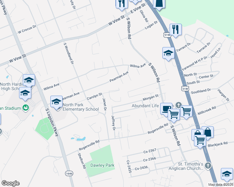 map of restaurants, bars, coffee shops, grocery stores, and more near 1141 South Atcher Street in Radcliff