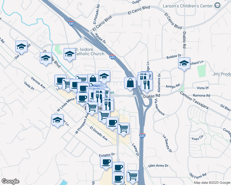 map of restaurants, bars, coffee shops, grocery stores, and more near 276 Valley Creek Lane in Danville