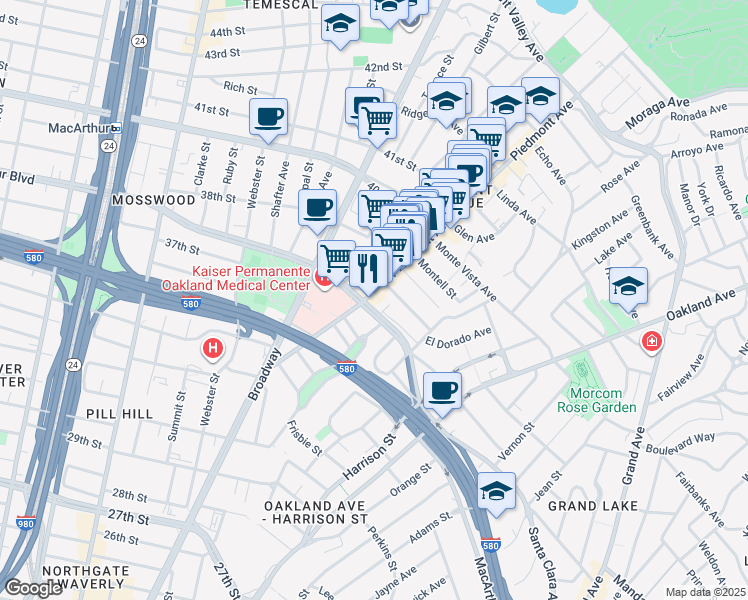 map of restaurants, bars, coffee shops, grocery stores, and more near in Oakland