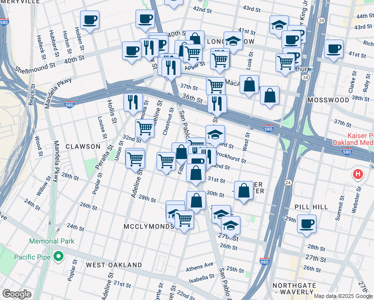 map of restaurants, bars, coffee shops, grocery stores, and more near 943 33rd Street in Oakland