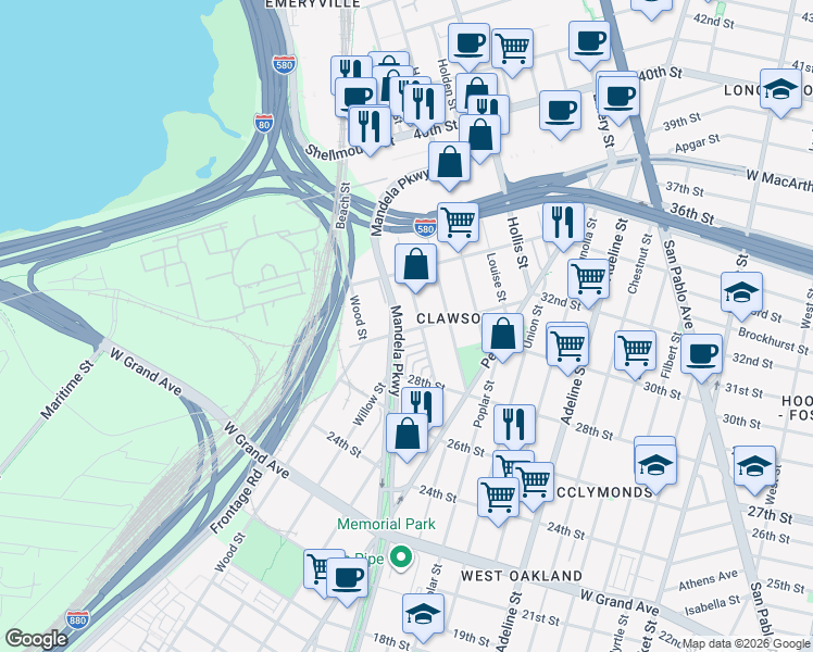 map of restaurants, bars, coffee shops, grocery stores, and more near 3235 Ettie Street in Oakland