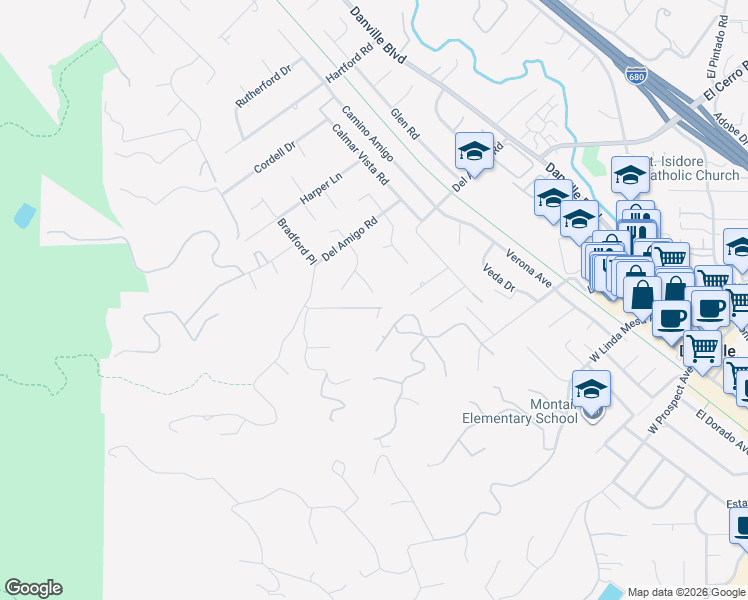 map of restaurants, bars, coffee shops, grocery stores, and more near 126 Whispering Trees Lane in Danville