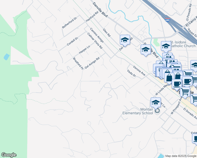 map of restaurants, bars, coffee shops, grocery stores, and more near 126 Whispering Trees Lane in Danville