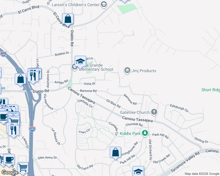 map of restaurants, bars, coffee shops, grocery stores, and more near 132 Vista Drive in Danville